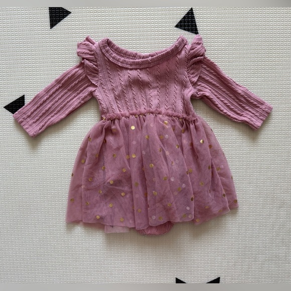 Just Lizzy|Baby girl mauve Pink Long Sleeve Dress w tulle Gold Polka Dots•0-3M - Picture 4 of 6